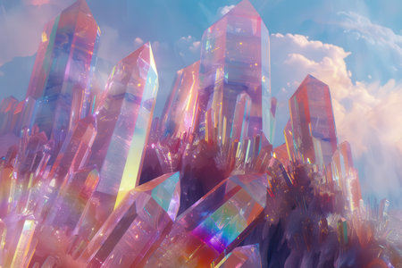 A close-up of a cluster of iridescent, sparkling crystal formations against a background of blue sky and white clouds.の素材