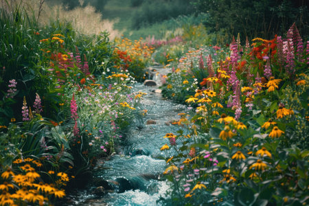 A tranquil scene of a stream flowing through a lush meadow filled with a variety of wildflowers in full bloom.の素材