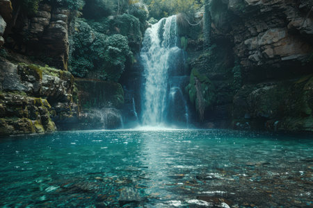 A serene waterfall plunges into a crystal-clear pool surrounded by lush greenery and rocky cliffs.の素材