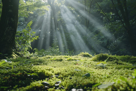 A close-up of a mossy forest floor bathed in sunlight filtering through the trees.の素材