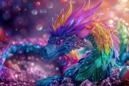 A digital illustration of a fantasy dragon with iridescent scales, set against a bokeh background of sparkling lights.の素材