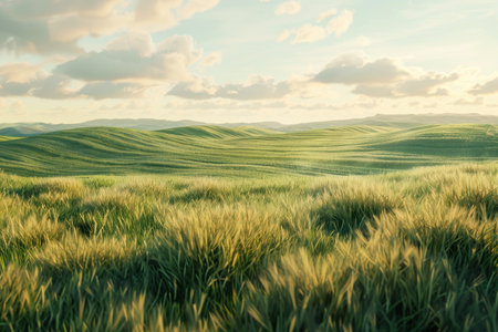 A panoramic view of rolling green hills under a cloudy sky, with tall grass in the foreground.の素材
