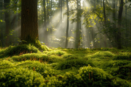 A close-up shot of the mossy forest floor with sunbeams shining through the trees.の素材