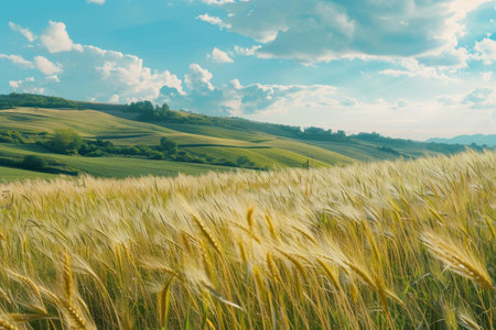 A view of rolling hills with a field of wheat in the foreground and a blue sky with fluffy clouds.の素材