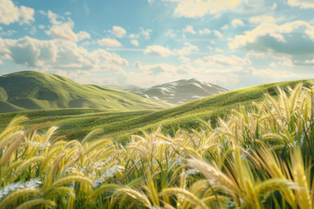 A scenic view of rolling grassy hills under a bright blue sky with fluffy white clouds.の素材