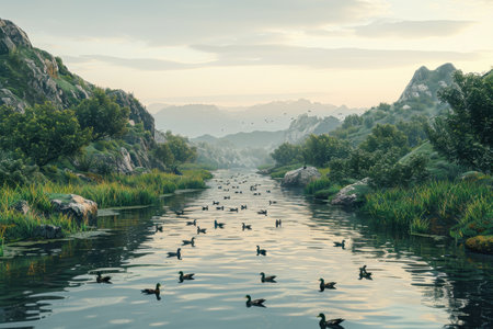 A scenic view of a tranquil river winding through a mountainous valley, with ducks swimming in the clear water and birds flying in the hazy sky.の素材