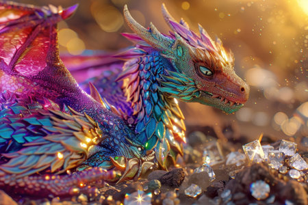 A close-up of a dragon's head and wing, with iridescent scales shimmering in the light, surrounded by sparkling gems.の素材