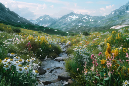 A tranquil mountain stream flows through a lush meadow filled with a vibrant array of wildflowers.の素材