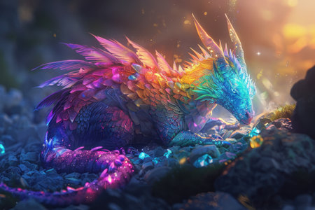 A digitally painted, iridescent dragon with glittering scales rests amidst colorful rocks and magical light.の素材