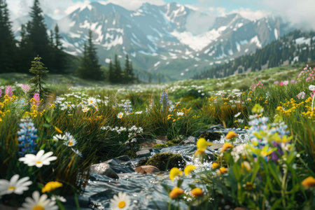 A clear mountain stream flows through a field of wildflowers in a valley against a backdrop of mountains.の素材