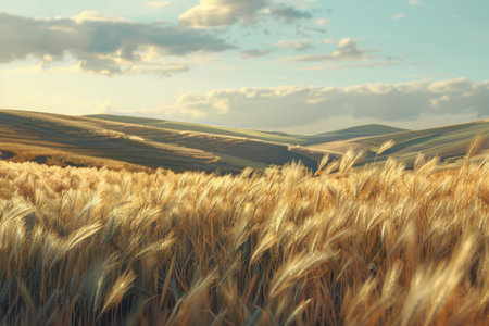 A picturesque view of a golden wheat field with rolling hills and a blue sky in the background.の素材