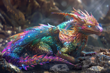 The image depicts a close-up of a dragon with iridescent scales, resting on a rocky surface. The dragon&#39;s wings are folded behind its back, and it appears to be gazing out into the distance.の素材