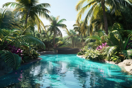 A tranquil lagoon surrounded by lush tropical vegetation and palm trees, bathed in the warm sunlight.の素材