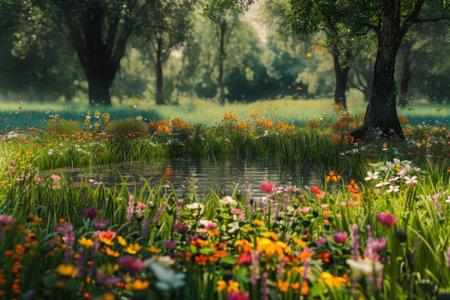A tranquil forest scene with a small pond surrounded by lush greenery and colorful wildflowers in full bloom.の素材