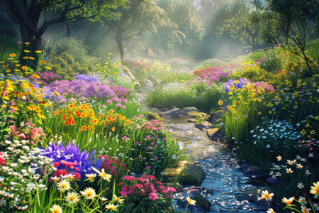 A tranquil scene of a stream flowing through a meadow bursting with colorful wildflowers, bathed in warm sunlight.の素材