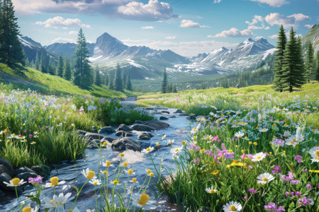 A tranquil mountain stream flows through a lush meadow bursting with wildflowers under a bright blue sky.の素材
