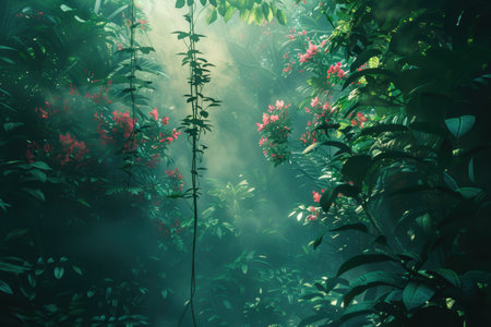 A close-up view of a lush jungle scene with vibrant green foliage, pink flowers, and misty sunlight.の素材