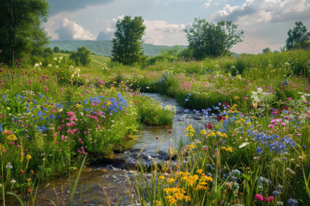 A tranquil scene of a small stream flowing through a meadow abundant with vibrant wildflowers under a partly cloudy sky.の素材