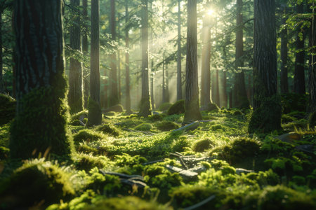 A sunbeam breaks through the canopy of a dense forest, illuminating the mossy ground.の素材