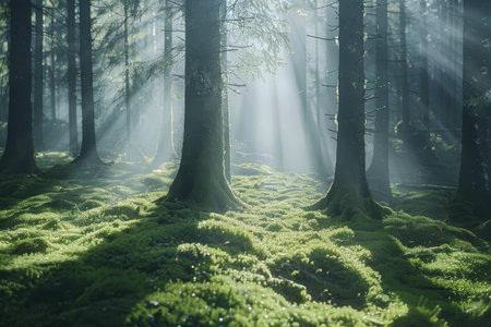 A picture of sunbeams shining through the trees of a forest onto the mossy forest floor.の素材