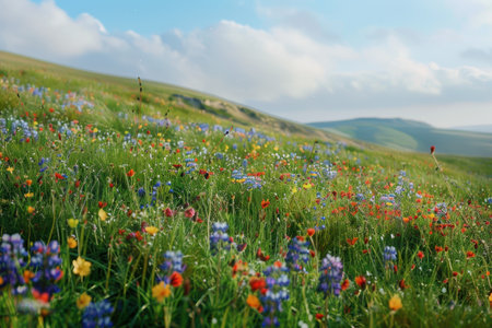 A lush, colorful wildflower meadow stretches towards a distant hillside under a bright blue sky with white clouds.の素材