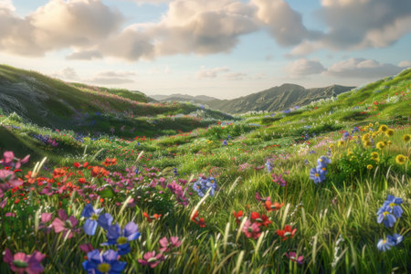 A vibrant and expansive meadow filled with wildflowers, situated amidst rolling hills and a cloudy sky.の素材