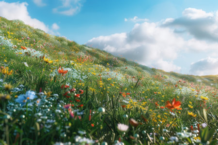 A vibrant and lush hillside covered in blooming wildflowers under a bright blue sky with puffy white clouds.の素材