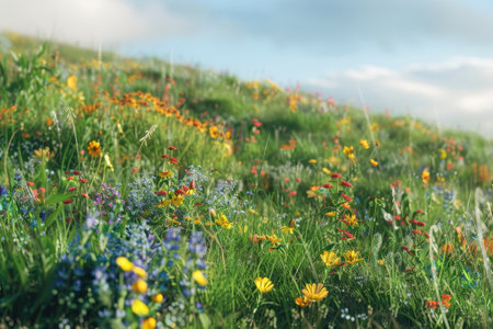 A close-up view of a field of colorful wildflowers in full bloom against a backdrop of a partly cloudy sky.の素材