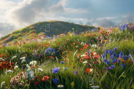 A lush green meadow with a colorful array of wildflowers in bloom against a bright, blue sky with fluffy clouds.の素材