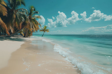 A tranquil tropical beach scene with palm trees, white sand, and turquoise water.の素材