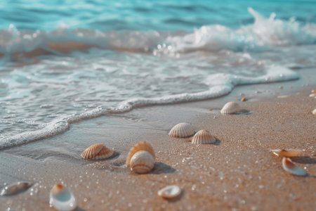 A close-up image of seashells scattered on a sandy beach, with a foamy wave receding in the background.の素材