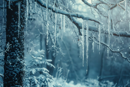A close-up of icicles hanging from a tree branch covered in snow in a winter forest.の素材