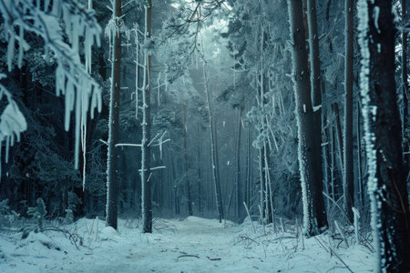 A snow-covered forest path leads through a dense, frosty forest, showcasing the beauty of winter nature.の素材