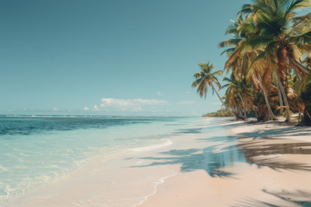 The image shows a serene beach with lush palm trees swaying in the gentle breeze. The white sand stretches out to meet the turquoise water of the ocean, and a clear blue sky extends above.の素材