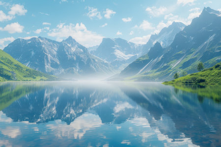 A serene landscape showcasing a majestic mountain range reflected in the still blue waters of a lake, with lush green vegetation along the shoreline and a clear blue sky above.の素材