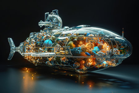 A transparent submarine filled with festive baubles and glowing lights, illuminated on a dark background.の素材