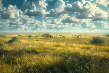 A vast grassland stretches towards a horizon under a cloudy sky, dotted with sparse trees.の素材