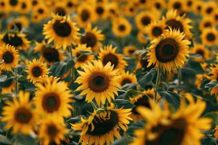 A close-up photograph capturing the vibrant yellow petals of a sunflower in a field, with other sunflowers in the background.の素材