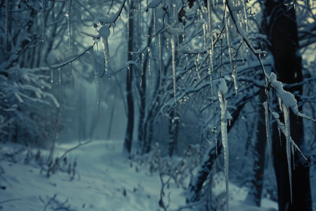 A close-up of icicles hanging from branches in a snowy forest, showcasing the beauty of frozen nature.の素材