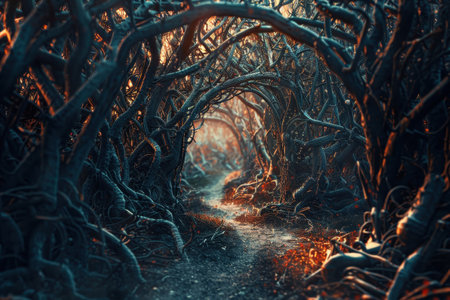 The image shows a path through a dark, twisted forest with gnarled branches forming an archway, lit by a soft, orange glow.の素材