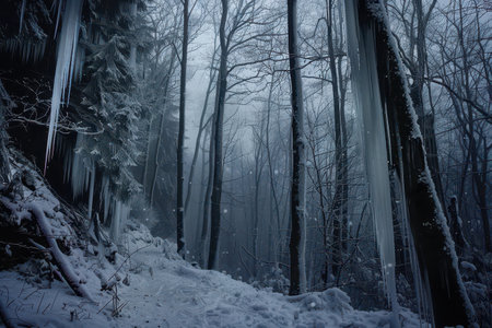 A snowy forest path with icicles hanging from trees, creating a serene and wintery scene.の素材