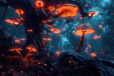 A fantasy forest scene with glowing bioluminescent mushrooms in a dark, shadowy setting.の素材