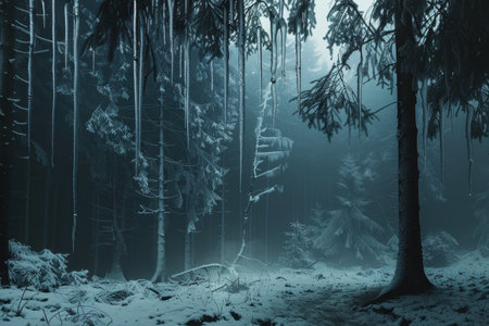 A winter scene of tall frozen trees in a foggy forest.の素材