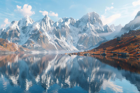A breathtaking view of a snow-capped mountain range reflected in a calm, still lake, with a touch of autumnal color in the foreground.の素材