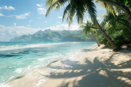 A tranquil scene of palm trees casting shadows on a pristine tropical beach with clear blue water and a mountainous backdrop.の素材