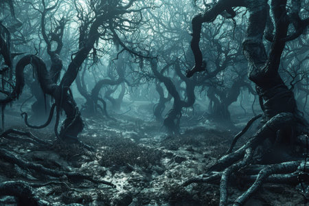 A haunting and mystical scene featuring a dense forest with twisted and gnarled trees enveloped in thick fog.の素材