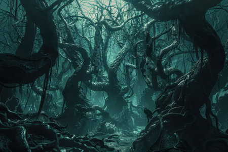 A digital illustration of an eerie, misty forest with gnarled, twisting tree branches creating a sense of mystery and foreboding.の素材