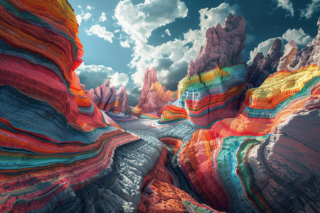 A colorful, dreamlike landscape of layered rock formations under a cloudy blue sky.の素材
