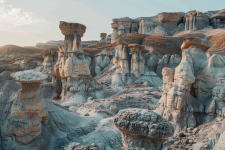 A panoramic view of a desert landscape featuring unique, eroded rock formations, including hoodoos, pillars, and spires, carved by natural processes over time.の素材