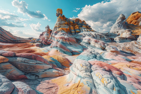 A scenic view of colorful rock formations in a desert landscape, with a bright blue sky and white clouds.の素材